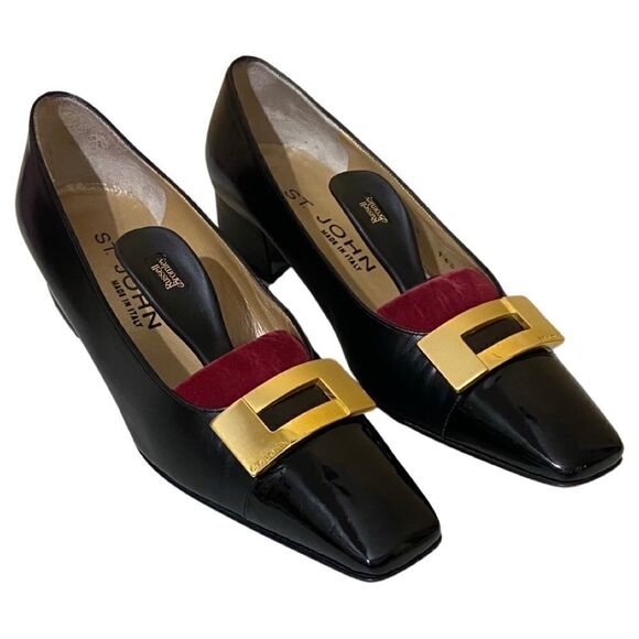St. John Black Leather Patent Square Toe Gold Embellishment 1.5” Block Heels - Picture 1 of 16